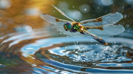 Closeup of a dragonfly in midflight its wings beating rapidly as it skims across the waters surface leaving ripples in its wake and creating a rainbow of colors in the sunlight.