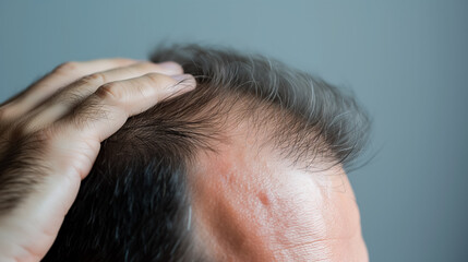 Close-up of a man inspecting hair loss. - obrazy, fototapety, plakaty