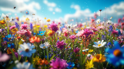 A field of wildflowers in full bloom, alive with vibrant colors and buzzing with the gentle hum of bees gathering nectar. - obrazy, fototapety, plakaty