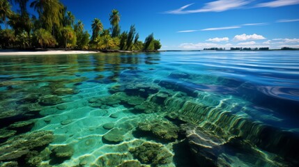 Crystal Clear Tropical Waters with Lush Greenery and Coral Reefs