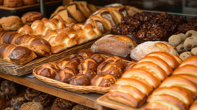Assorted breads on bakery display shelf. - Powered by Adobe