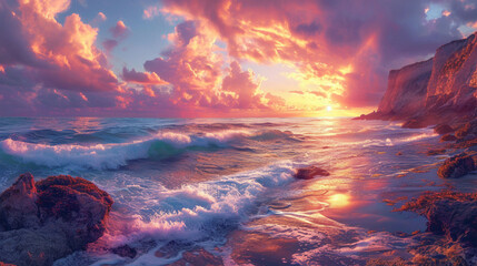 Coastal cliffs at sunrise, with waves crashing against the rocks, painting the sky in hues of pink...