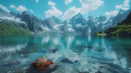 Photo sur Plexiglas Réflexion Crystal-clear alpine lake nestled between snow-capped peaks, reflecting the breathtaking panorama of the surrounding mountains.