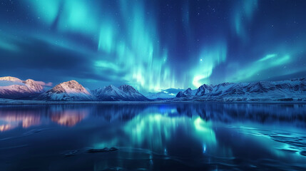 Majestic aurora borealis dancing over a tranquil mountain lake at midnight, casting ethereal reflections on the still water. - obrazy, fototapety, plakaty