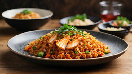 Fototapeta premium a visual feast with a side view of Kimchi fried rice plated on a textured wooden surface to immerse themselves in the delectable details