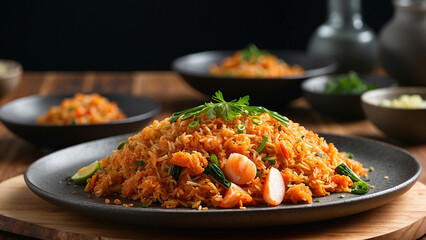 Fototapeta premium a visual feast with a side view of Kimchi fried rice plated on a textured wooden surface to immerse themselves in the delectable details