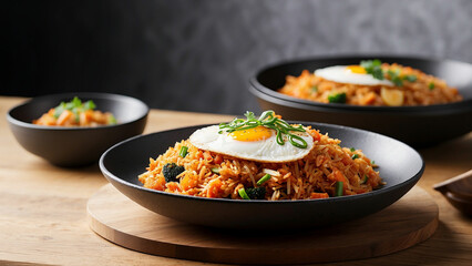 a visual feast with a side view of Kimchi fried rice plated on a textured wooden surface to immerse themselves in the delectable details
