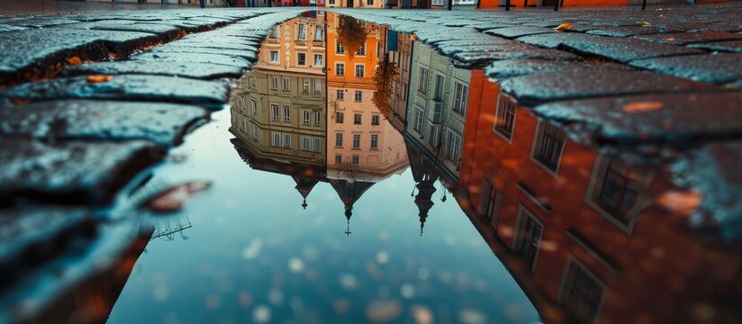 Soft and slightly blurred image of architecture in Poznan's old market square reflected in a sidewalk puddle