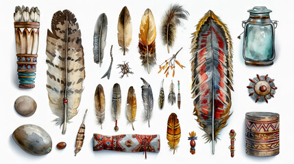 Native American ephemera watercolor art on white background - obrazy, fototapety, plakaty