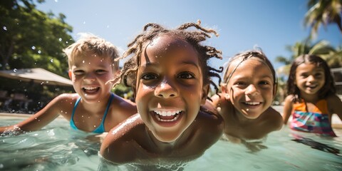 Joyful children swimming and playing in pool, capturing happiness and friendship. summer fun aquatic activity. AI