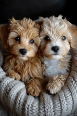 Two adorable puppies nestled in a cozy knit blanket. candid pet photography. perfect for family-friendly content. AI