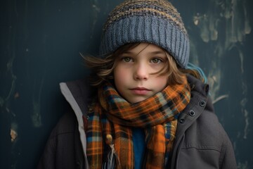 Portrait of a little boy in a warm hat and scarf.