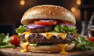 Cheeseburger - American cheeseburger with Golden French fries and fresh salad, Generative AI