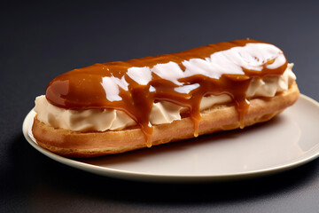 A caramel-flavoured eclair is served on a white plate. (Generative AI)
