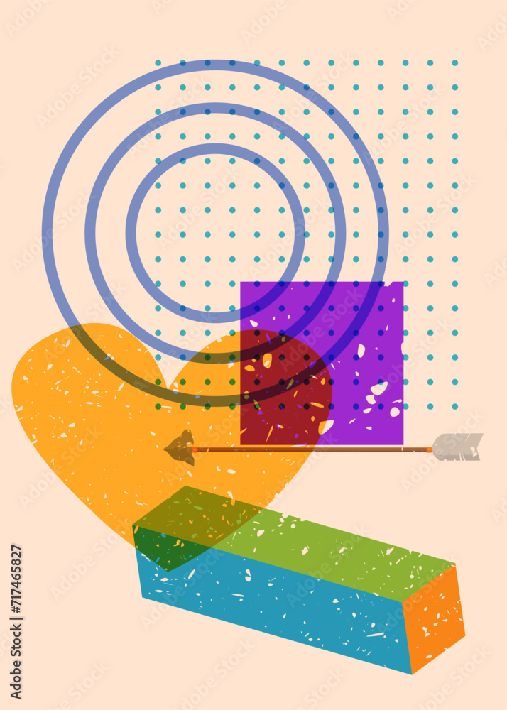 Poster risograph heart and arrow with geometric shapes. love symbol in trendy riso graph print texture styl