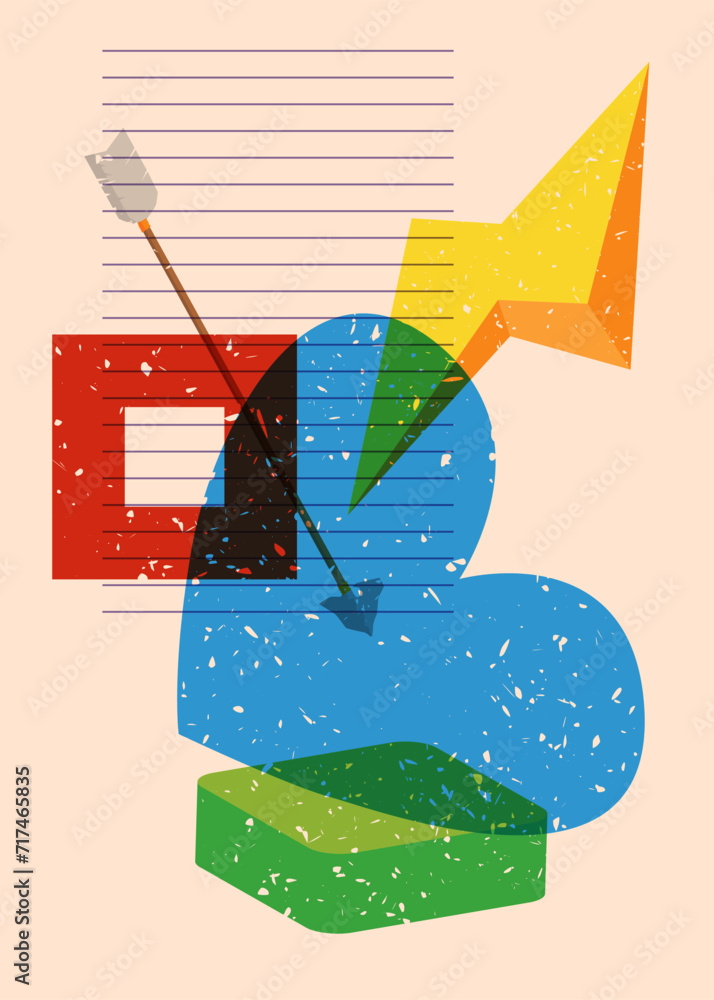 Poster risograph heart and arrow with geometric shapes. love symbol in trendy riso graph print texture styl
