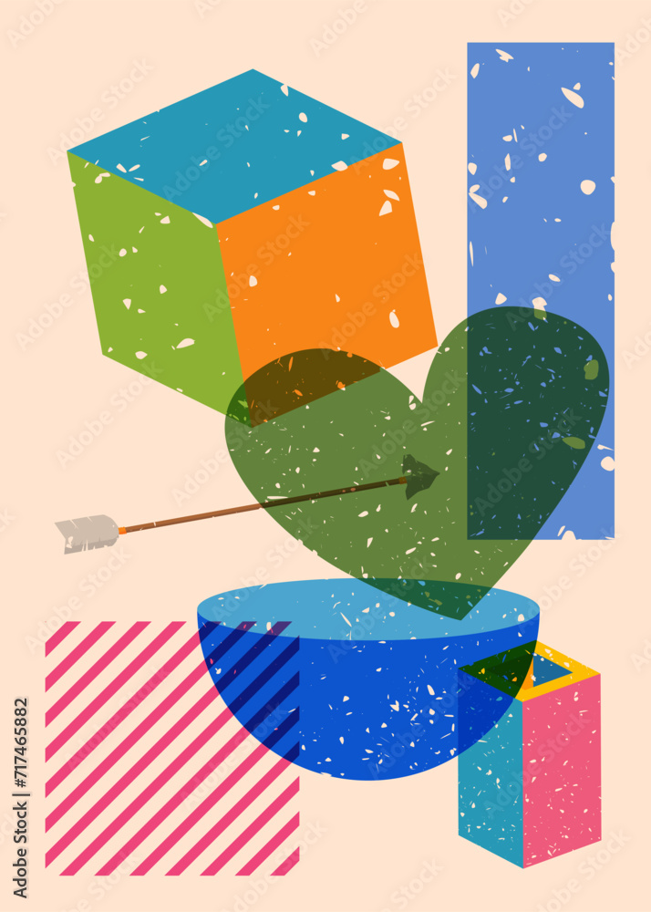 Poster risograph heart and arrow with geometric shapes. love symbol in trendy riso graph print texture styl