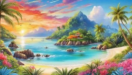Fototapeta na wymiar Painting style illustration of beautiful peaceful tropical ocean lagoon banner background wallpaper