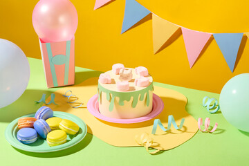 Paper-crafted birthday cake adorned with marshmallows, surrounded by vibrant balloons, ribbons, and macaron. A festive triangular flag string hangs against a cheerful yellow backdrop.