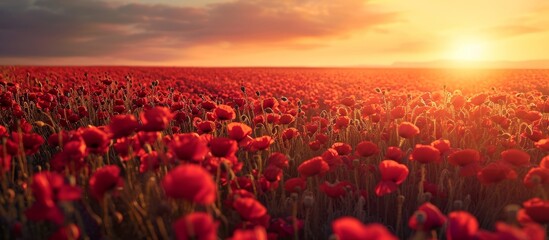 Anzac day honors fallen soldiers with a red poppy field. - obrazy, fototapety, plakaty