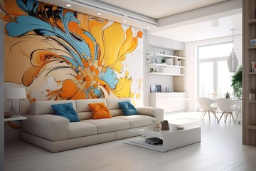 Stylish modern interior of a spacious living room with a white sofa, and a bright orange wall, and a coffee table. The accent in the interior.