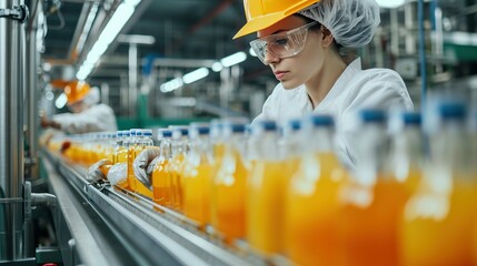 Female worker inspects bottled fruit juice on beverage factory conveyor belt for quality control