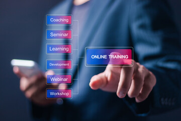 Training webinar E-learning skills business concept. Businessman touch virtual screen of online training for digital courses to develop new skills.