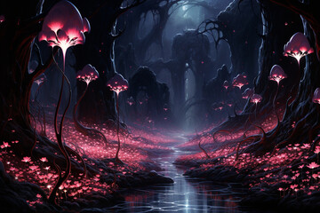 A surreal neural landscape, with neurons resembling blooming flowers connected by swirling vines, creating an ethereal and dreamlike atmosphere.