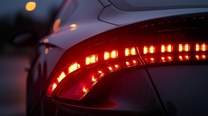A detailed shot of the LED headlights and taillights on an environmentally conscious car using less...