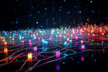Abstract representation of digital signals, with colorful light pulses traveling along a network of sleek metallic wires, creating a dynamic and visually striking depiction of data