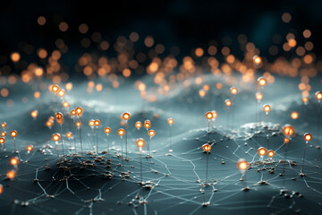 An abstract depiction of electronic synapses, with fine silver threads connecting nodes, creating a visually complex representation of communication within a digital network. - obrazy, fototapety, plakaty