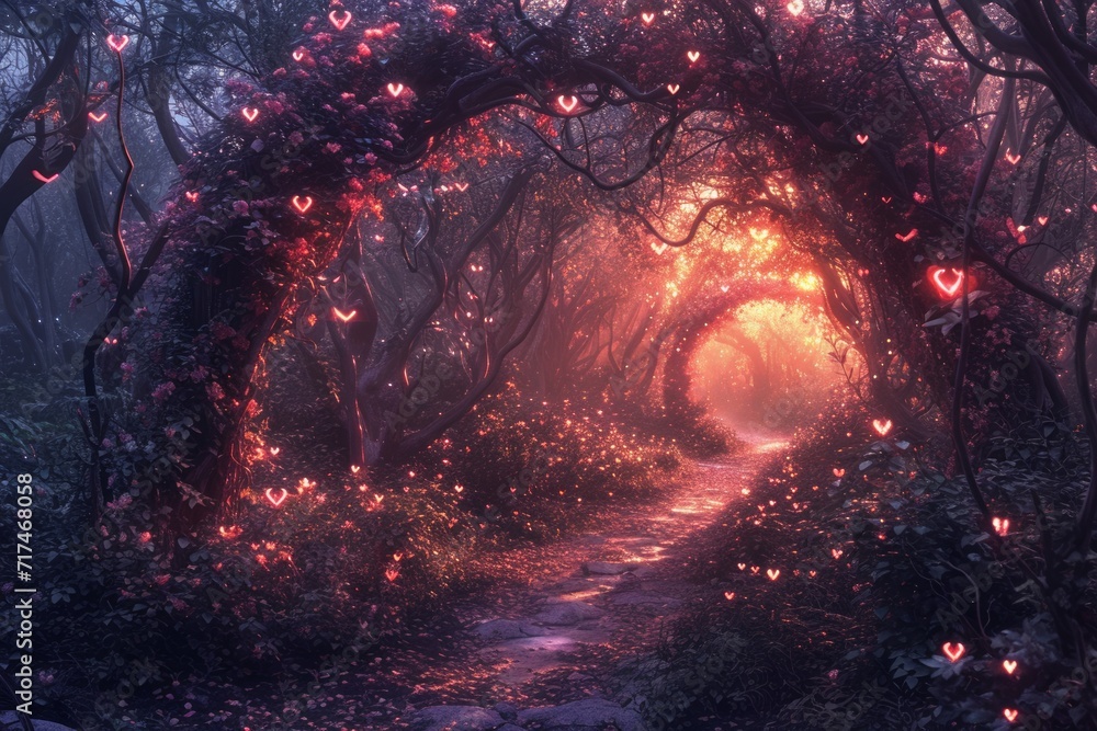 Poster mysterious path in the misty forest with red hearts.