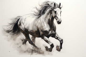 A dynamic illustration of a galloping horse, its muscles and mane captured with fine pencil details, conveying the energy and grace of this powerful creature.