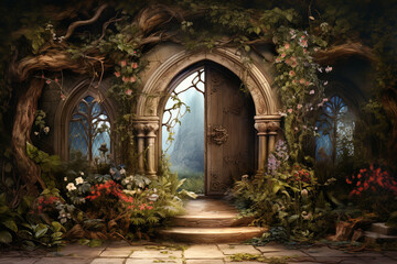 Fototapeta na wymiar An intricately designed border of vines and flowers surrounding a vintage keyhole, turning the lined paper into an enchanting doorway to imagination.