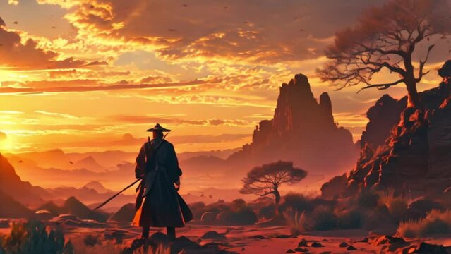 video illustration of a samurai in the desert