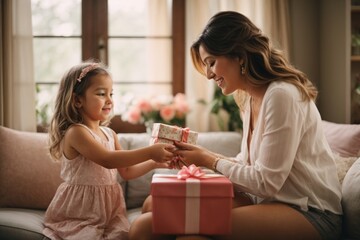daughter giving gift to her mother on mother's day - Powered by Adobe