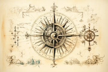 Fototapeta na wymiar A detailed illustration of an old-fashioned compass rose, with ruled lines transforming into directional points, creating a sense of exploration and navigation.
