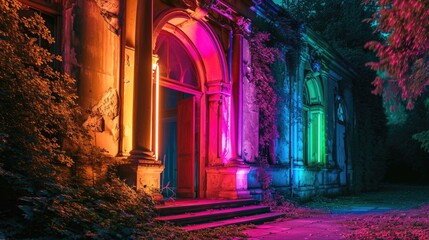 The decaying facade of an old palace now lit up in an electrifying neon rainbow. - obrazy, fototapety, plakaty