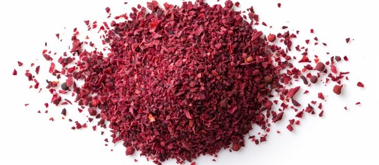 Top view of natural sumac spices, isolated and ground, obtained from crushed Typhina seeds.
