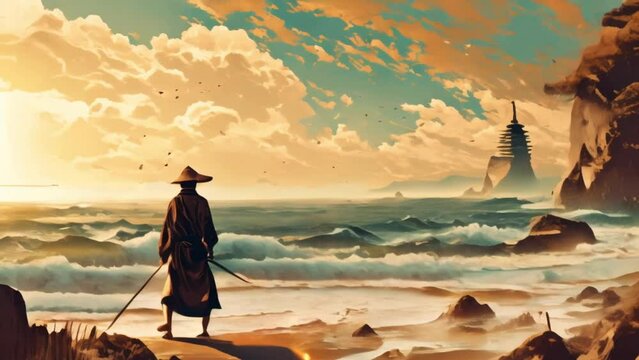 video illustration of samurai on the beach