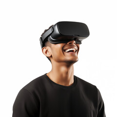 A man wearing Vr glasses is having fun, showing a casual expression.