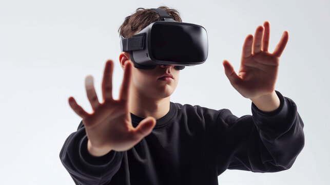 A man wearing Vr glasses is having fun, showing a casual expression.