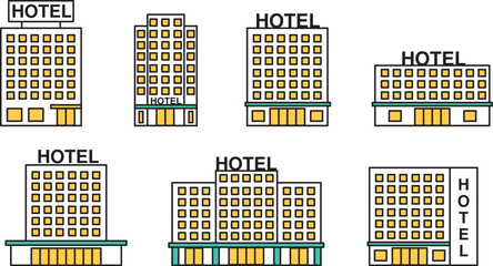 様々なホテルの建物のシンプルなアイコンセット - obrazy, fototapety, plakaty