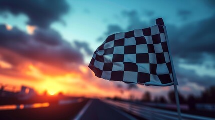 Against a backdrop of deepening purplishblue skies the checkered flag is waved in excitement and...