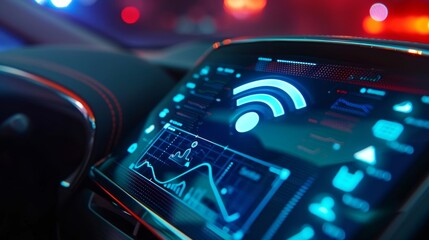 Closeup of WiFi connectivity symbol on a cars touchscreen display showcasing its seamless...