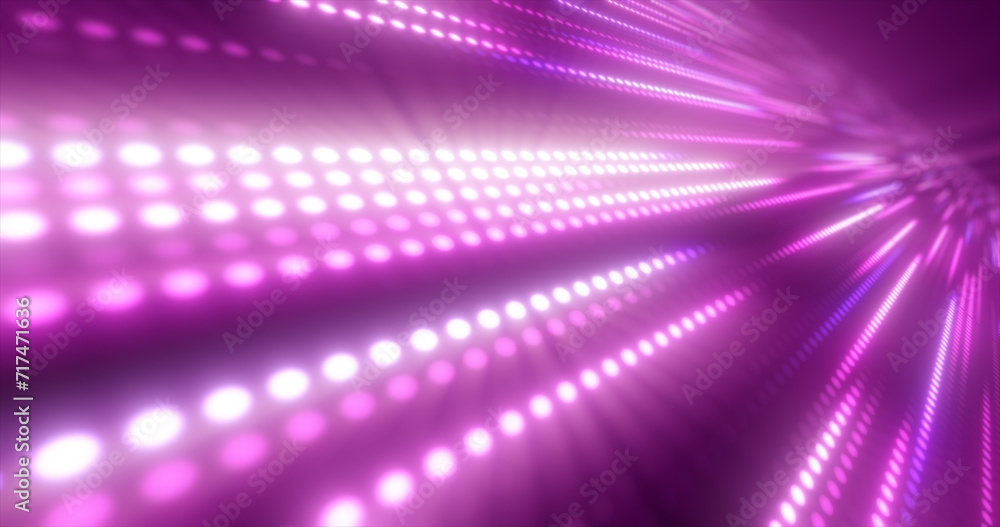 Poster abstract bright purple background pattern of flying lines of dots and glowing circles of futuristic 