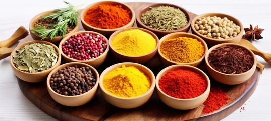 Vibrant array of colorful spices, aromatic herbs, and kitchen utensils on white background