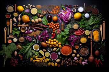 Captivating mix of colorful spices, aromatic herbs, and elegant kitchen utensils on sleek black backdrop