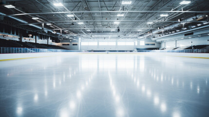 A well-lit, vacant ice skating rink showcasing glossy reflections.