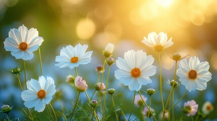 White Cosmos Flowers Blooming Field Spring, Background Banner HD